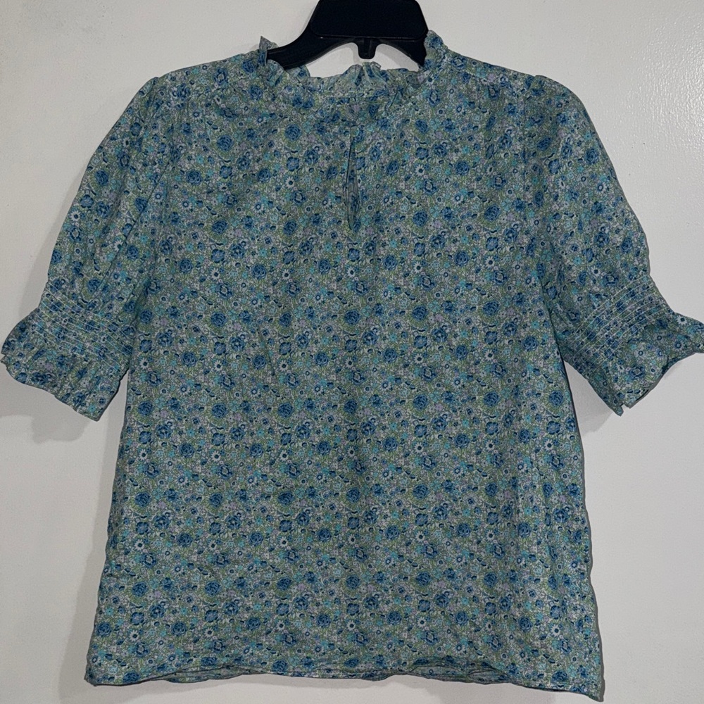 Women's Blue Floral Ruffle Neck Blouse